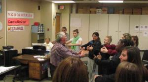 Jon Peterson talking to the High school Choir. Includes in the picture Aaron Williams, Kayci Karmer, Lupita Prieto, Sarah Alford Jesika Karmer, Amelia Schlichting, Tatiayana Harris, Blair Preston. Photo Courtesy LDNE.