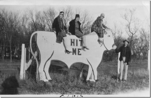 This is an article I had written 16 years ago as the Granddaughter is now 16 and pitching for High School in Wichita.  Abe Maly is married and we have a great grandson Maddux who is 8 years old. How time flies.  One pic of the old ball field as it looked in the 30’s.  When I was chasing foul ball and being a bat boy for the Lyons Town Team.  Bill Larsen who built Lyons Ball Park standing at the head of the bull. Photos courtesy of Roy Pounds.