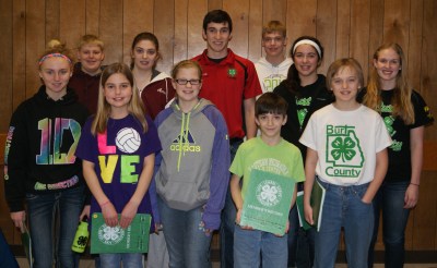 Burt County 4-H members completing their “My 4-H Career Portfolio” have reasons to smile at the 4-H Event last Sunday, March 2 because they earned lots of awards. Back row: Layne Miller, Lyons; Amelia Schlichting, Lyons; Nick Bohannon, Tekamah; Brent Miller, Lyons; Ashley Bohannon, Tekamah and Leia Farrens of Tekamah. Front Row: Cydnee Bonsall, Bancroft; Reese Hansen, Herman; Greta Lindberg, Tekamah; Caleb Schlichting, Lyons; and Cody Bachtell, Tekamah. Photo Courtesy of Mary Loftis.   