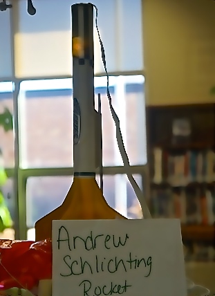 Andrew Schlichting's rocket is on display at the Lyons Public Library. He made this for 4-H week. Photo Credit/Denise Gilliland, Editor and Chief, Kat Country Hub.