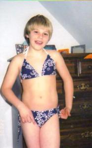 Preston Johnson modeling a girls swimsuit. Photo Courtesy of Brooke Johnson. 