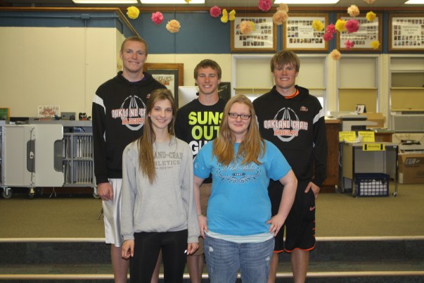 2014 Oakland and Craig Boys and Girls State Delegates.Back Row- left to right Cameron Kiner (Craig) Bryce Uhing (Oakland) Ted Maline (Oakland)    Front Row- Left to Right Heather Riedy (Oakland) Angela Weisbrook (Craig). Photo Courtesy of Oakland-Craig School.