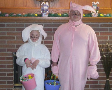 Hannah Deemer, left, and Cody Arnold were helpful Easter bunnies at the Easter brunch Sunday morning. Photo Courtesy of Oakland Heights.