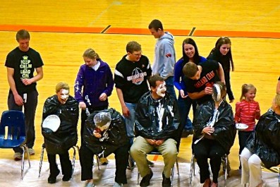 Pie in the face time: Student Council members had fun putting a pie in the face of Annie Magnusson, Sandy Pearson, Mile Selk and Bonnie Kreikemeier. Photo Credit/Denise Gilliland, Editor and Chief, Kat Country Hub. 