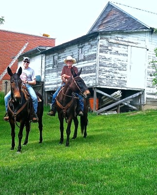 Thad Nelson, left, and his dad Dean stopped in for a visit one day while riding their mules. Photo Credit/Denise Gilliland, Editor and Chief, Kat Country Hub.