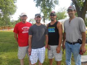 Sam and Tony Barada left,  were runners up at the horseshoe tournament in Lyons. Hayden and Mark Sunderman, right, were champions at this years' tournament. Photo courtesy of Loretta Barada.