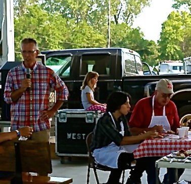 Mike Blanc, left was the announcer for the pie judging contest at the fair. Also pictured are Rodman Hunsacker Jr. and Paul Jackson. Photo Credit/Denise Gilliland, Editor and Chief, Kat Country Hub.