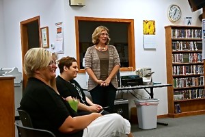 Oakland Library Director Rosa Schmidt introduces author Mary Connealy to all in attendance, eager to here about her writing career. Photo Credit/Denise Gilliland, Editor and Chief, Kat Country Hub. 