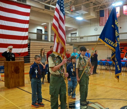 The Scout Troop retires the colors at the Veterans Day Ceremony in Oakland. Photo Credit/Denise Gilliland, Editor and Chief, Kat Country Hub. 