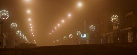 The Christmas lights on Oakland's Main Street glow beautifully in the evening fog. Both photos credit of Denise Gilliland, Editor and Chief, Kat Country Hub.