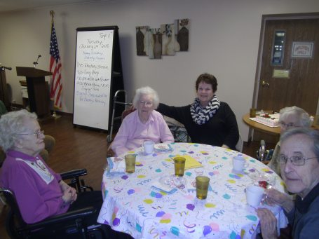 Dorothy Larson celebrated her 103 rd Birthday. Her family brough up cake to be served to the residents last Tuesday the 6th. In the picture from left to right are Nona Neman, Dorothy Larson, Mary Plageman and Jeanette and Dale Johnson. Photo courtesy of Oakland Heights.