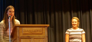 Heather Riedy and Asleigh Carr were the O-C honored scholarship winners speaking at the Oakland Women's Club salad supper on their future plans. Photo Credit/Denise Gilliland, Editor and Chief, Kat Country Hub. 