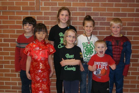 These young 4-H members excitedly took part in the Clover Kid Show and Tell division of the 4-H Public Speaking Contest. They are: Eli Schlichting, Veona Hladky, Karley Eriksen, Hope Roscoe, Linden Anderson, Ty Penke and Tate Penke.  Photo credit/Mary Loftis.