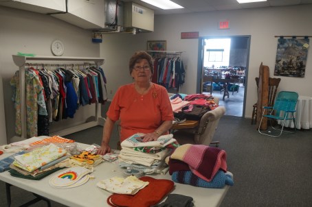 Margaret Groteluschen assisted with the rummage sale at Golden Oaks, commenting that "it was a huge success. We had many more items donated for shoppers to purchase this year." Photo Credit/Denise Gilliland, Editor and Chief, Kat Country Hub. 