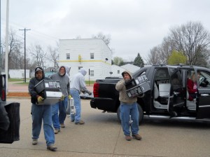 (From left) Bill Woehler, Lance Olerich, Lowell Roeber, Wally Juhlin, and Jon Krause, Papio-Missouri River Natural Resources District (NRD) staff, assist with the Papio Missouri River NRD’s scrap electronics collection. A total of 211 households and 34 businesses participated in the event which was held in the communities of Dakota City, Walthill, Tekamah, and Blair.  The collection event was free of charge to local Nebraska residents and businesses.  Funding was provided by the Papio-Missouri River NRD and Nebraska Department of Environmental Quality (NDEQ).  Secure Recyclers of Lincoln was the recycling contractor.  Photo Courtesy of Deborah Ward, NRD.  