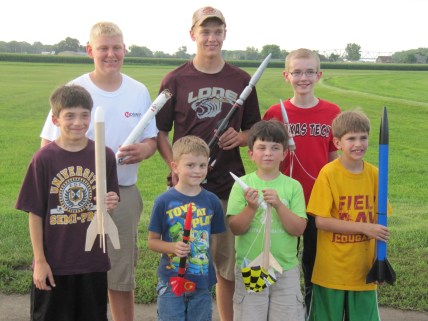 The Burt County 4-H Rocket Launch was a two evening event this year. These 4-H members launched their rockets the second night: Back row: Layne Miller, Brent Miller and Michael Bracht Front row: Caleb Schlichting, Gavin Johnson, Eli Schlichting and Andrew Schlichting. Photo Credit/Sara Miller. 
