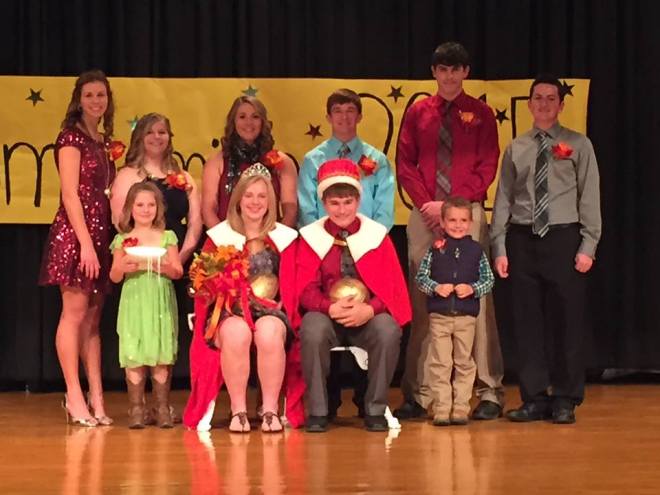  Left to right back row: Mickayla Petersen Jaime Raabe Darcey Simonsen (2014 queen) Chevy Henneman (2014 king) Alec Anderson Martin Long Front row: Maizielyn Josephsen (crownbearer) Abby Peterson Marcus Hegy Colton Brehmer (crownbrearer) Photo courtesy of Cara Raabe.