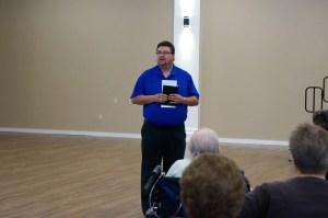 Lyons Mayor Andy Fuston addresses the crowd at the open house for the remodeled community center. Photo Credit/Denise Gilliland, Editor and Chief, Kat Country Hub.