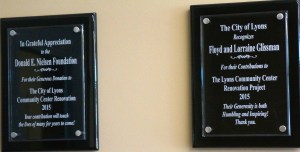 Plaques in the entry way recognizing the Nielsen Center and Glissman's for their contributions to the community center. Photo Credit/Denise Gilliland, Editor and Chief, Kat Country Hub. 